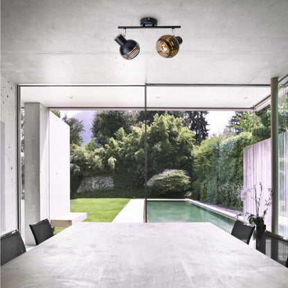 2-zitplaatsen muur en plafondlichtvlek "Casco" gemaakt van metaal in zwart en goud, met E27-aansluiting, 36 x 12 x 15 cm. Stijlvolle verlichting voor woonkamer, eetkamer of keuken.