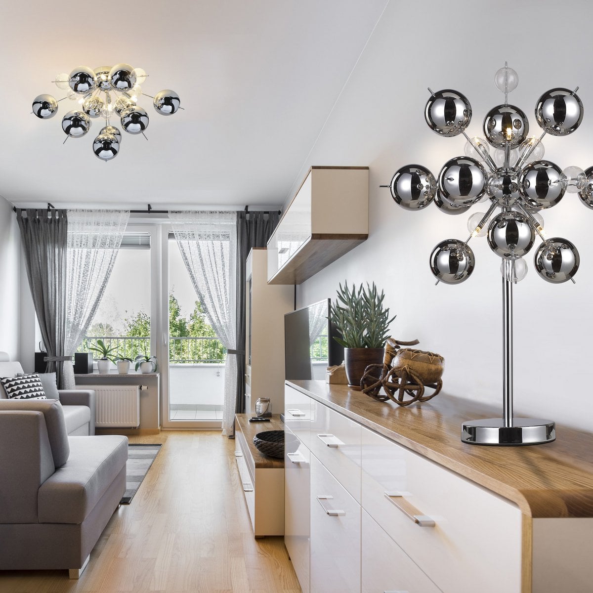 Tafellamp "explosie", tafellamp gemaakt van metaal en glas, chroom, G9, tafellamp 73 cm hoog