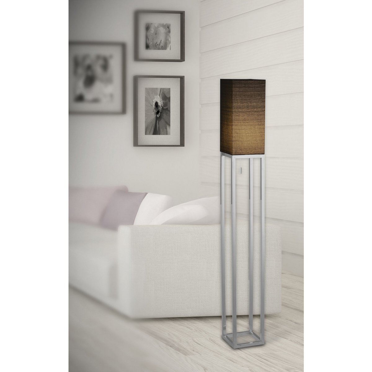 Staande lamp "Alfa", moderne vloerlamp gemaakt van metaal en textiel in chroom/donkergrijs, met E27 -aansluiting, 150,5 cm hoog, chique lamp voor gang, woonkamer en kantoor