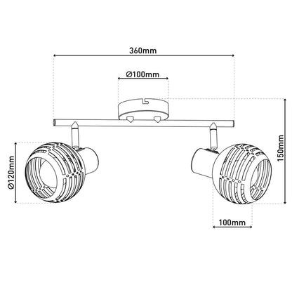 2-zitplaatsen muur en plafondlichtvlek "Casco" gemaakt van metaal in zwart en goud, met E27-aansluiting, 36 x 12 x 15 cm. Stijlvolle verlichting voor woonkamer, eetkamer of keuken.