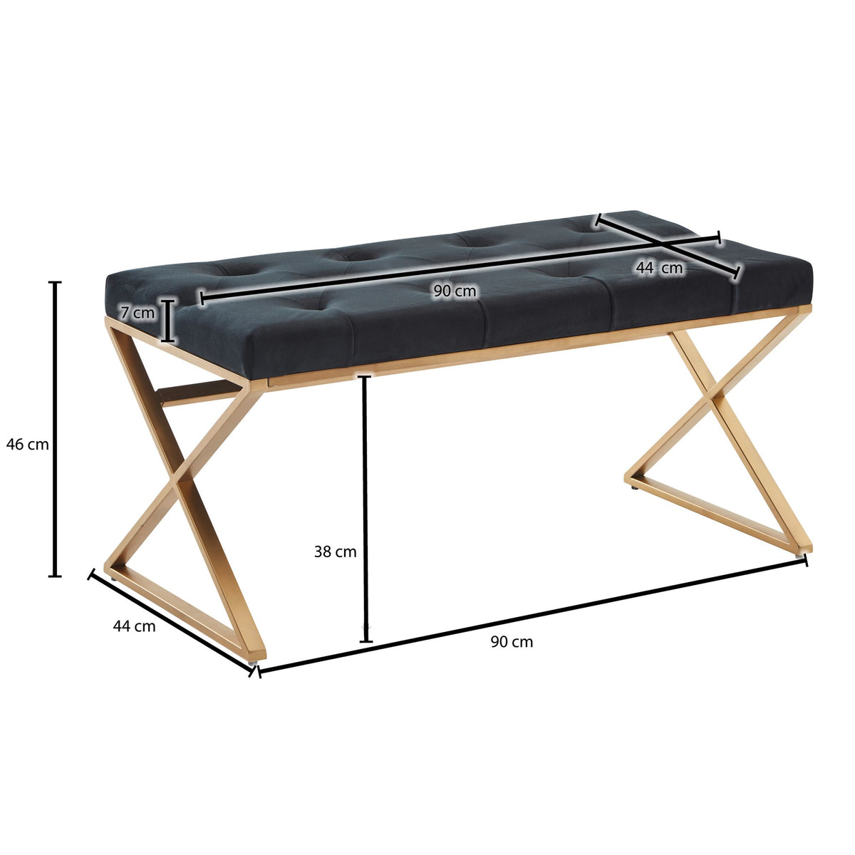 Bank Fluweel Zwart 90x46x44 cm Gang Gestoffeerde Bank met Metalen Frame