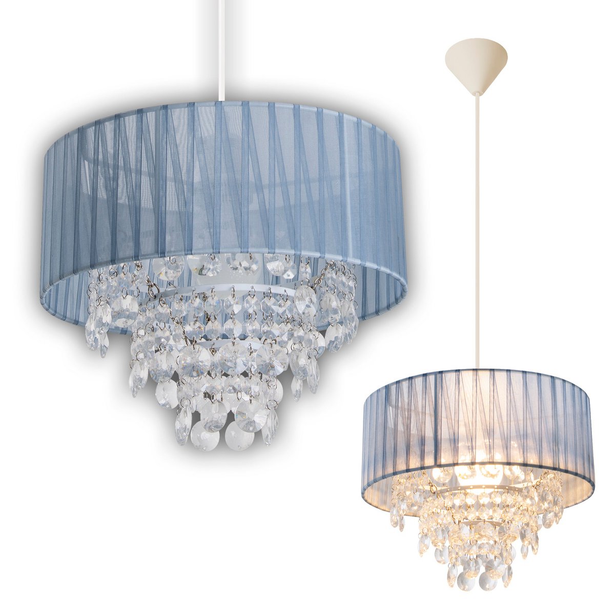 Deko hanglamp "Crystallo", hanglamp gemaakt van metaal, transparant plastic en grijs textielmateriaal, E27 -aansluiting, voor eetkamer, woonkamer, gang of kantoor, 30 cm diameter