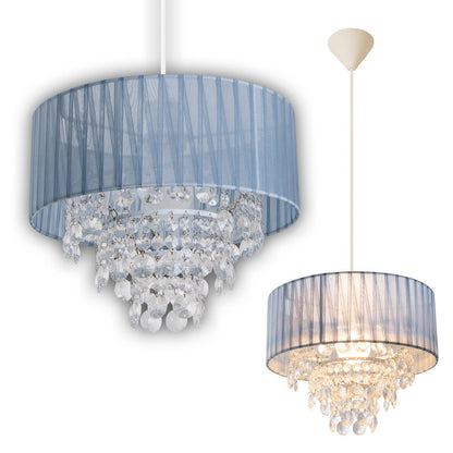 Deko hanglamp "Crystallo", hanglamp gemaakt van metaal, transparant plastic en grijs textielmateriaal, E27 -aansluiting, voor eetkamer, woonkamer, gang of kantoor, 30 cm diameter