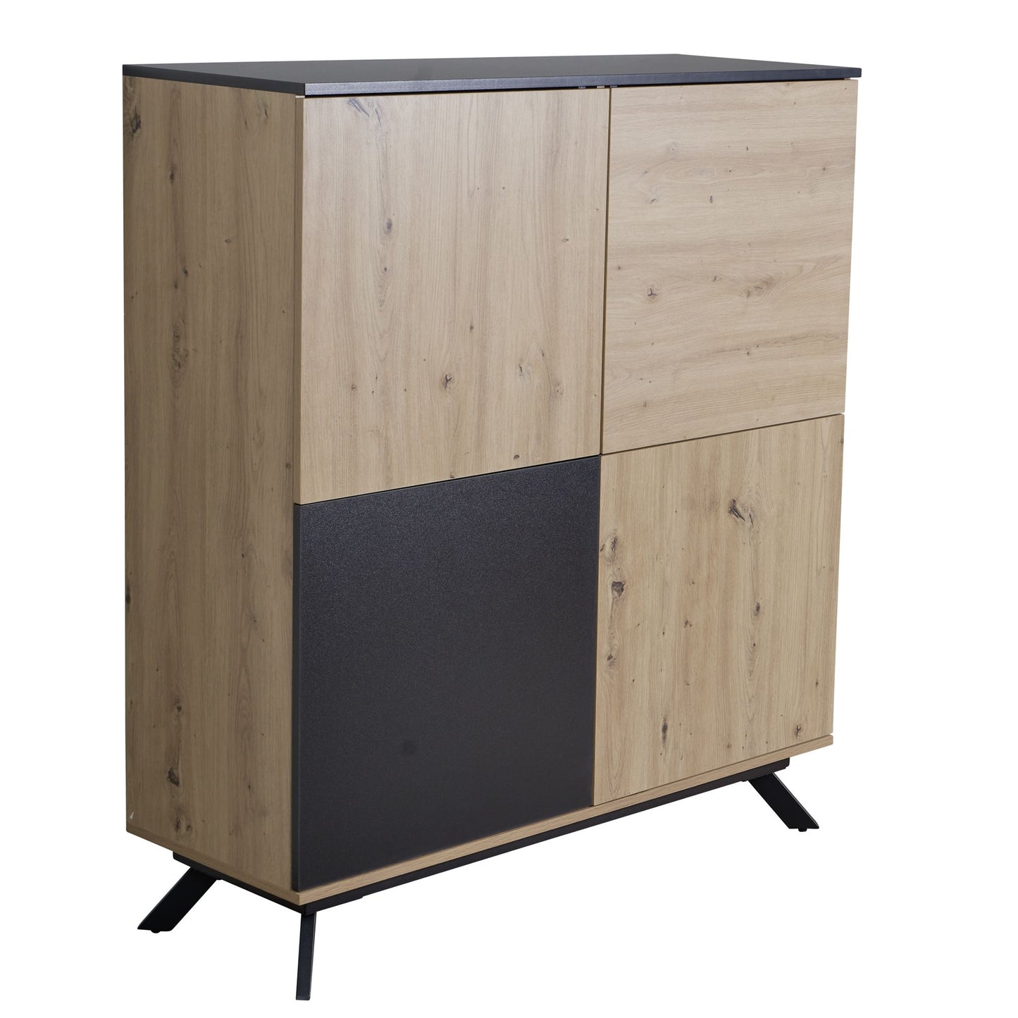 110x125x40 cm MDF dressoir in eiken decor / zwart | ladekast met 4 deuren | Dressoirkast halkast modern | Vrijstaand dressoir met metalen poten