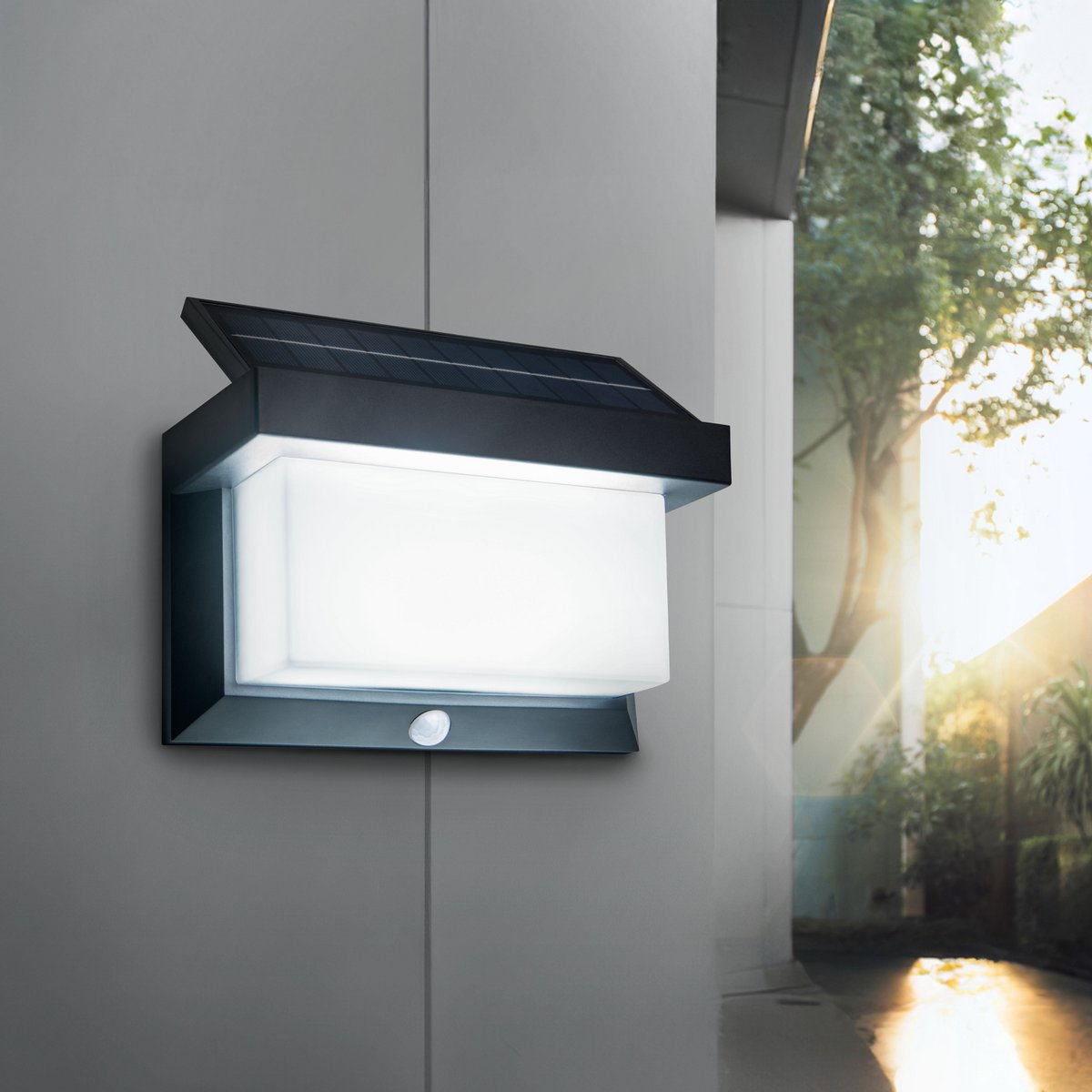 LED Solar Buitenwandlamp met bewegingsdetector, voor buiten, wandlamp - Plastic in zwart, met geïntegreerde LED