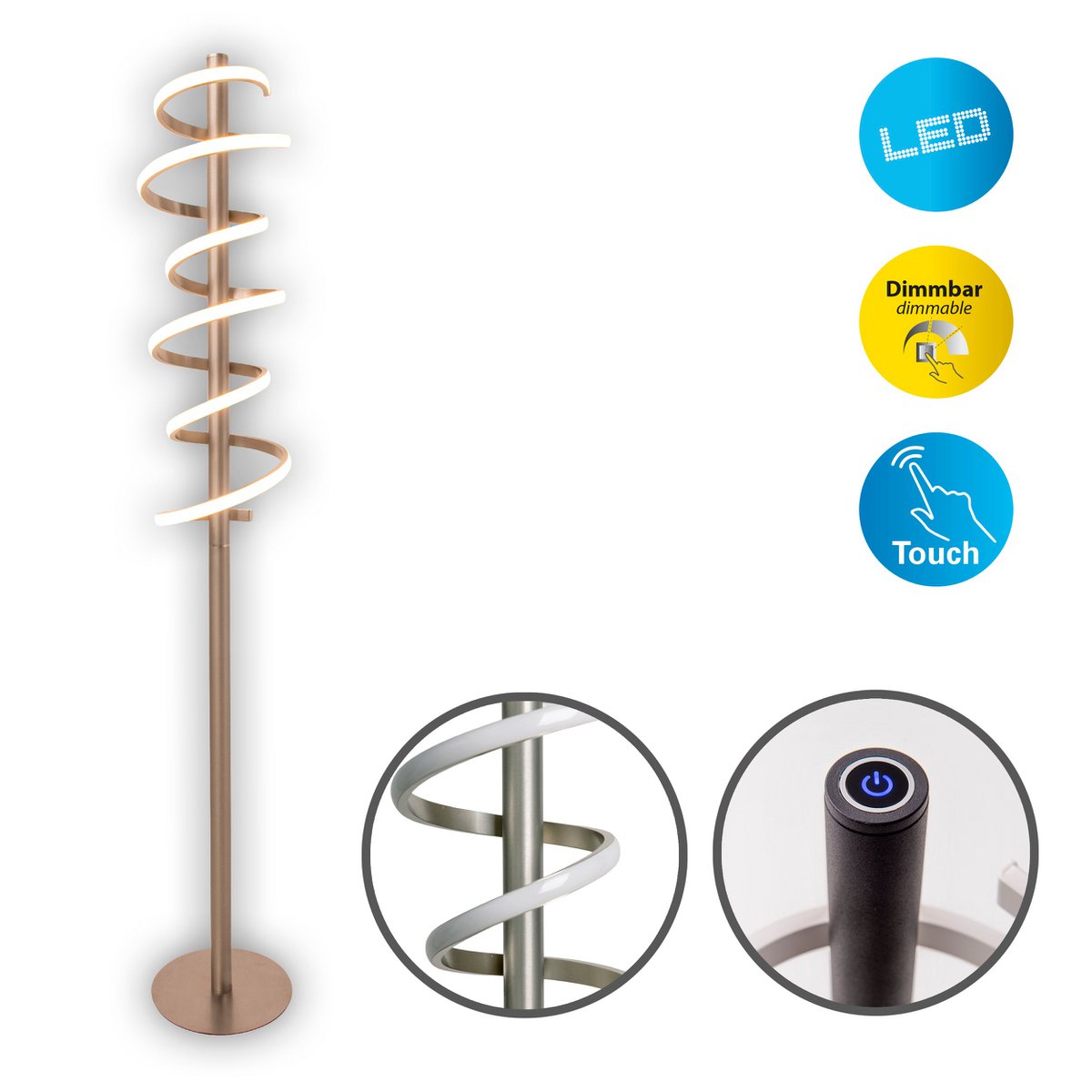 LED staande lamp "Belleza", moderne vloerlamp gemaakt van metaal en plastic in nikkel mat en wit, met stevig ingebouwde LED's, 140 hoog, verlichting voor woonkamer, eetkamer, slaapkamer of kantoor.