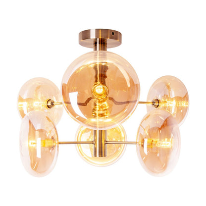 Plafondlamp "Orion" Ø ongeveer 53 cm barnsteen, gemaakt van messing gekleurd metaal en glas in barnsteen, G9-basis, verlichting voor woonkamer, eetkamer of kantoor.