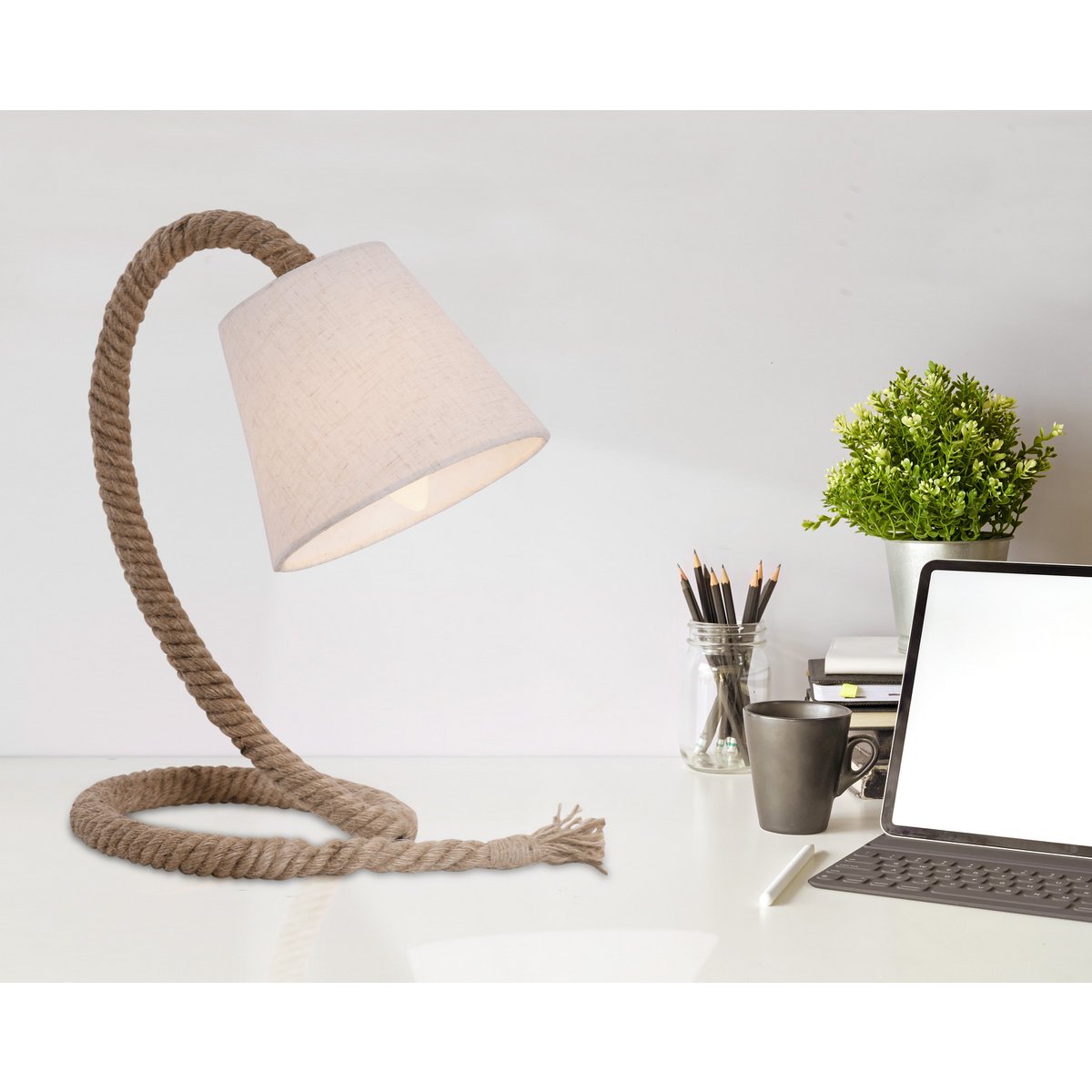 Tafellamp met tekstblazer "touw", tafellamp gemaakt van metaal, plastic, jute en textiel in wit, met E14 -versie, voor woonkamers, gang of kantoor, 35 cm hoog