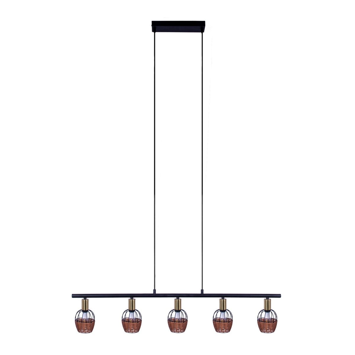 5 hanglamp "Corbis", echtelijke lamp gemaakt van zwart in zwart, met goud en rotan, met E14 -aansluiting, voor eetkamer, woonkamer, gang of kantoor, 100 cm lang