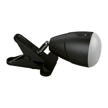 LED -klemlamp gemaakt van metaal en plastic in het zwart, met geïntegreerde LED's