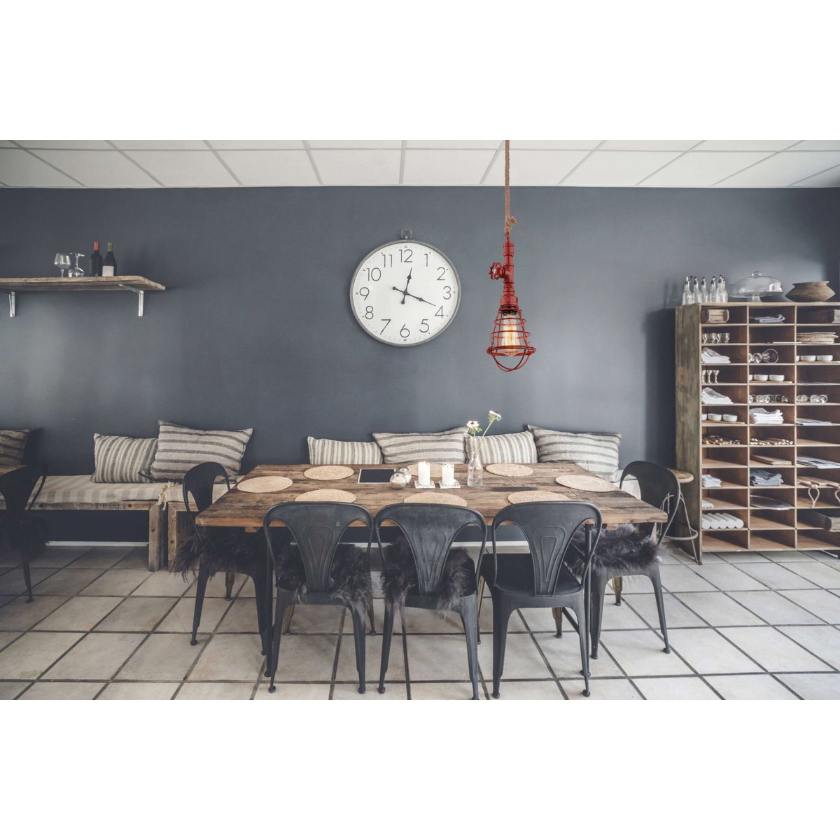 Hanger lamp "regia", rood metaal, henneptouw, E27 -versie, verlichting voor woonkamer, jeugdruimte of kantoor