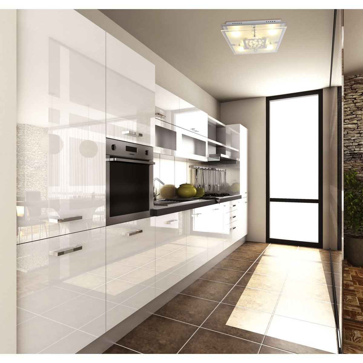 De LED -plafondlamp "chur" 30 x 30 cm, chom -gekleurd metaal, gedeeltelijk gevatneerd glas, geïntegreerde LED's, warm wit