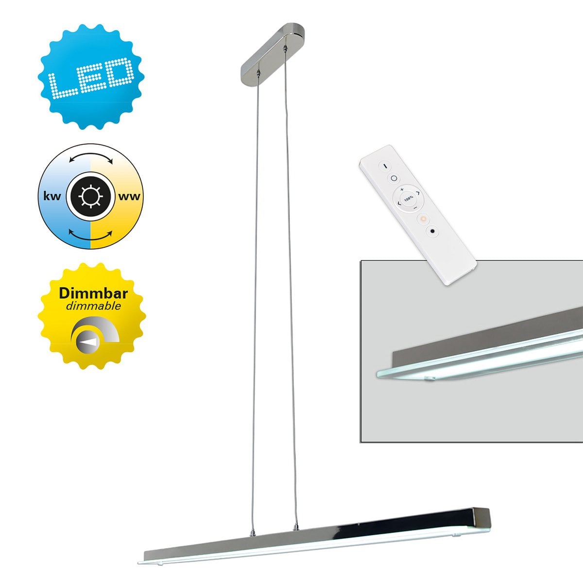 LED hanglamp "balk" in totaal 18W, 100 cm lang, met stevig ingebouwde LED's, dimbaar, kleurtemperatuur verstelbaar, voor eetkamer en kantoor