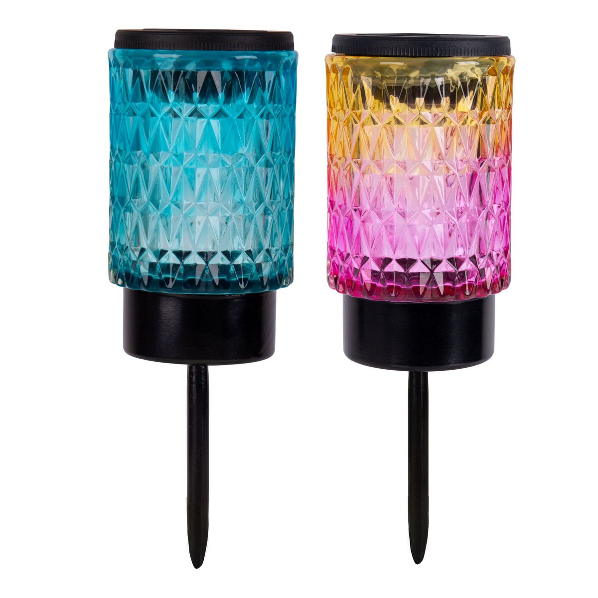 Zonne -decoratieve spiesjes "Mila" 2 set, Ø 8,3 cm, 25 cm hoog, zwart metaal, zwaar, gestructureerd glas in rood/geel en in blauw/groen, geïntegreerd LED, warm wit