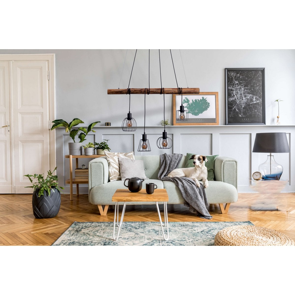 4 hanglamp "Woodland", hanglamp, metaal en hout in zwart en natuurlijke E27 -aansluiting, voor eetkamer, woonkamer, gang of kantoor, 100 cm lang