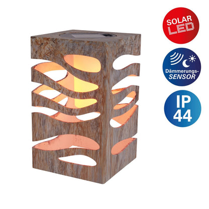 LED Decoratief-Solar Light "Hilda", 12,3 x 12,3 cm, 20 cm hoog, gemaakt van hoogwaardige plastic, bruin-beige marmeren afwerking, geïntegreerde LED, warm wit