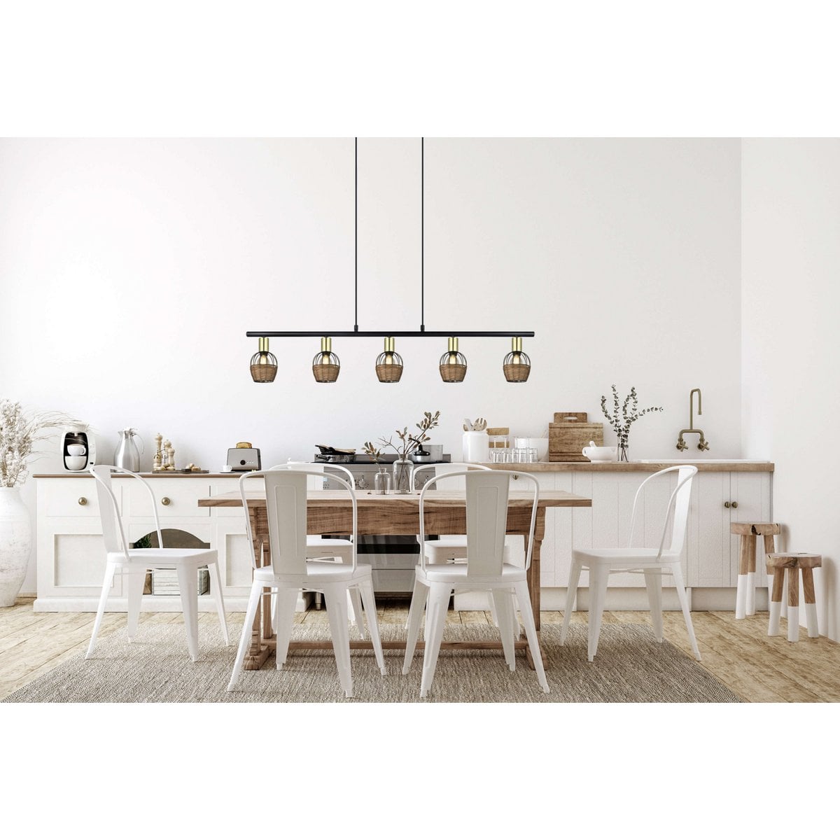 5 hanglamp "Corbis", echtelijke lamp gemaakt van zwart in zwart, met goud en rotan, met E14 -aansluiting, voor eetkamer, woonkamer, gang of kantoor, 100 cm lang