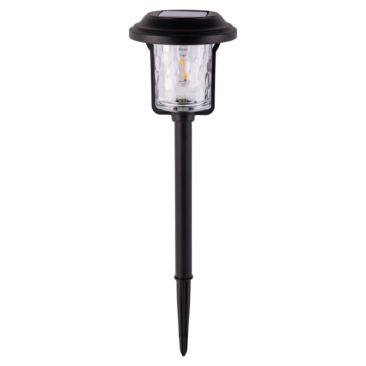 Solar-deco-earth spit "Simon" 54,7 cm hoog, gemaakt van zwart metaal en gestructureerd glas, geïntegreerde LED, warm wit.