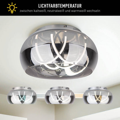 LED -plafondlicht "Malou" Ø 45 cm, 23,5 cm hoog, gemaakt van metaal, rookglas, geïntegreerde LED's, warm wit