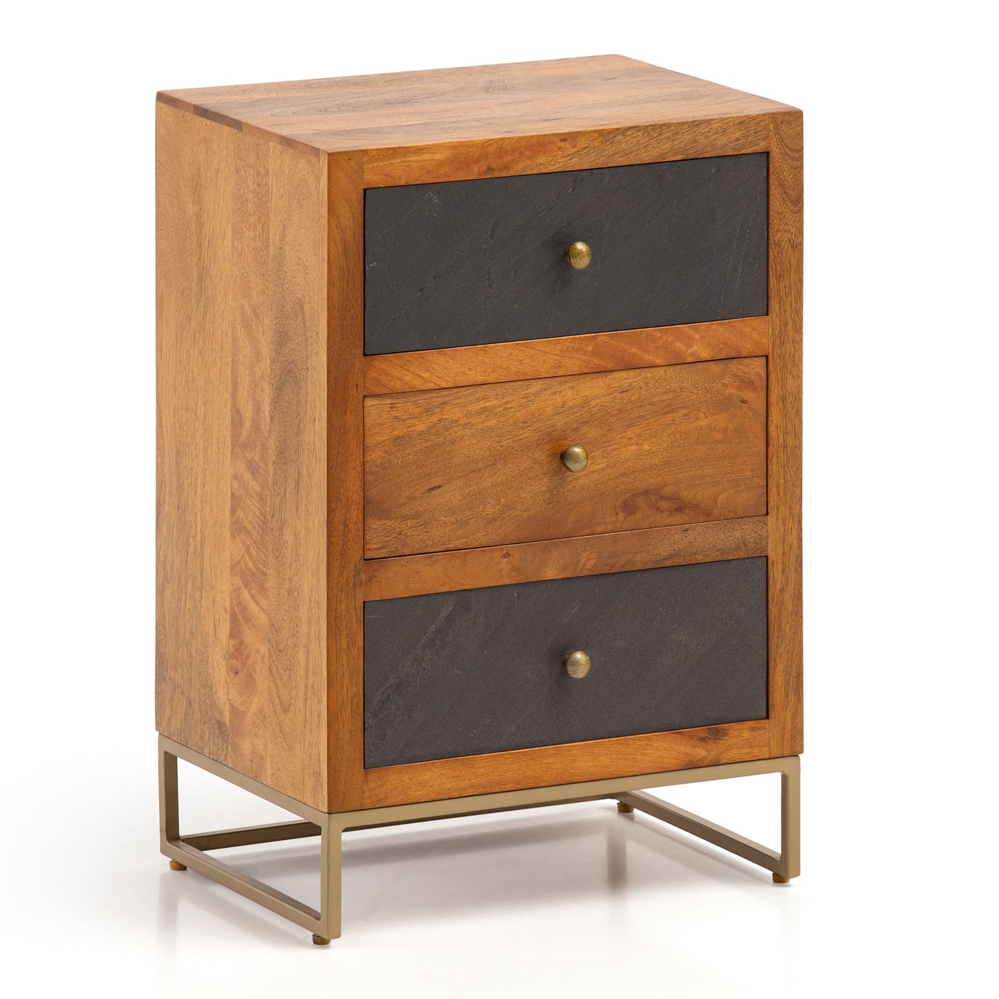 nachtkastje mango massief hout/steenlook 40x60x30 cm nachtkastje boxspringbed | Design nachtkastje bruin met 3 lades | Nachtkastje met opbergruimte en metalen frame
