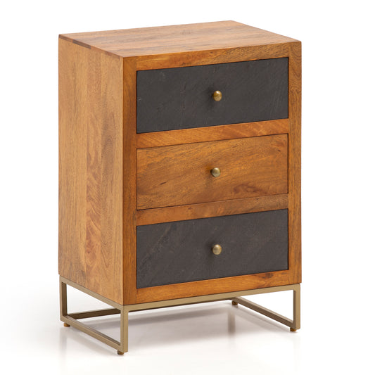 nachtkastje mango massief hout/steenlook 40x60x30 cm nachtkastje boxspringbed | Design nachtkastje bruin met 3 lades | Nachtkastje met opbergruimte en metalen frame
