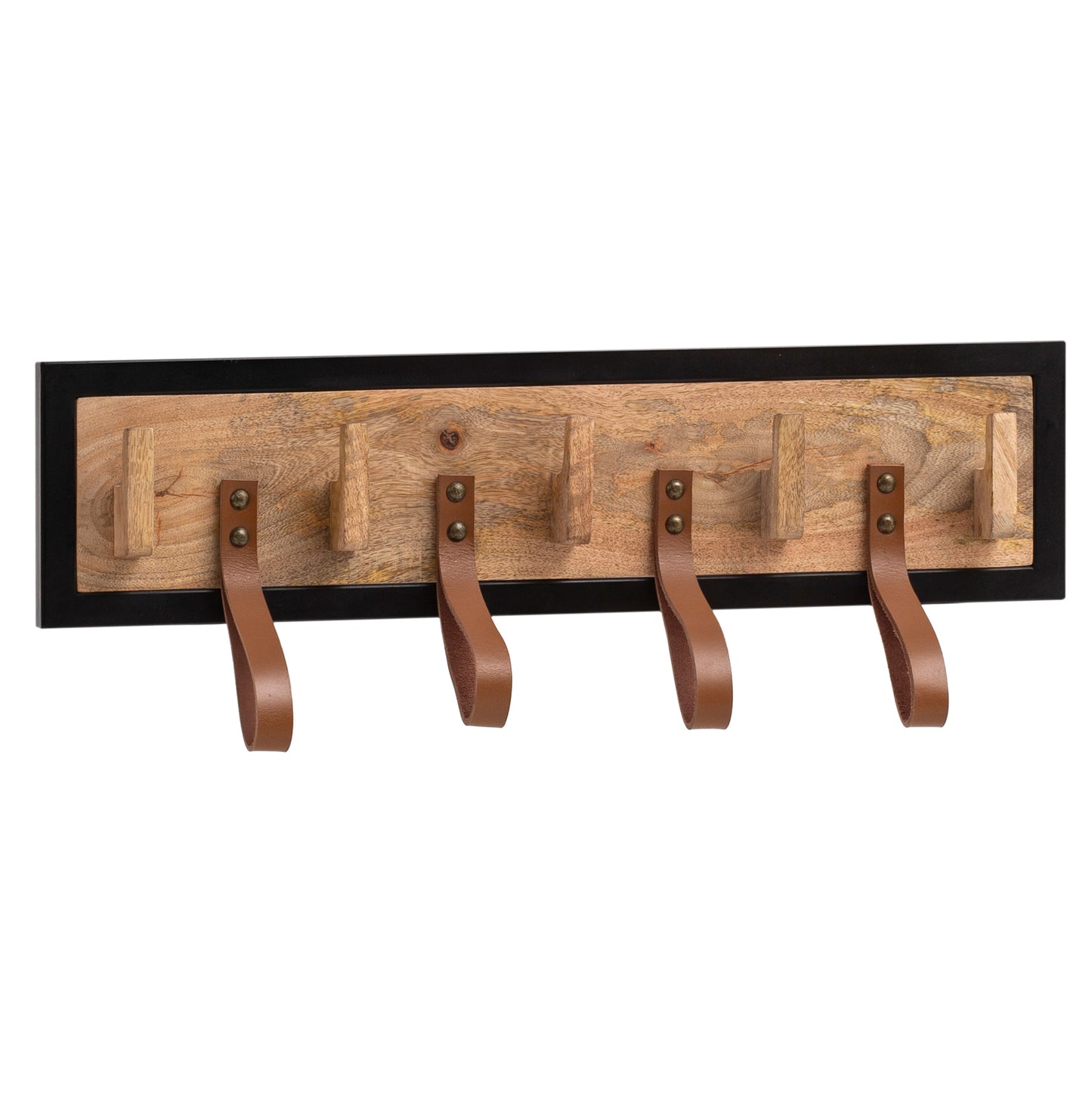 wandkapstok Mango massief hout / echt leer 60x15x6 cm | Hakenlijst voor jassen, sjaals en mutsen | Halkapstok met metalen frame | Houten wandkast met lussen