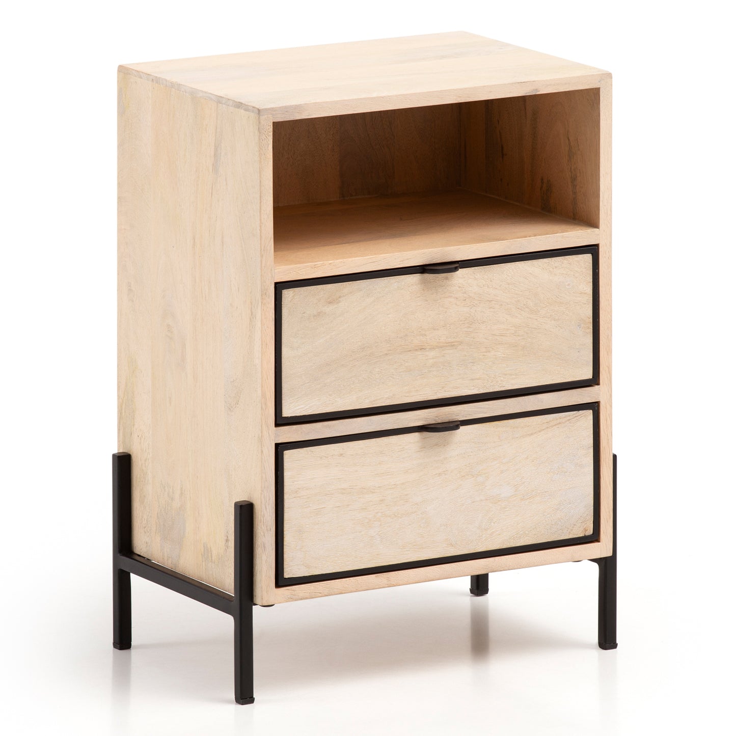 nachtkastje Mango massief hout/metaal 43x60x30 cm nachtkastje boxspringbed | Design nachtkastje bruin met 2 lades | Nachtkastje met opbergruimte en metalen frame