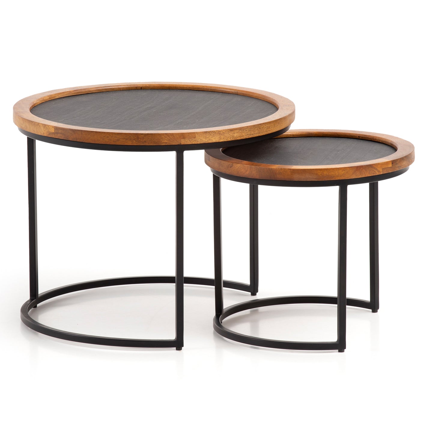 Salontafel Set van 2 Mango Massief Hout / Steenlook Woonkamertafel Rond | Bijzettafel met metalen frame | Salontafel modern | Banktafel nesttafel 2-delig bruin/antraciet