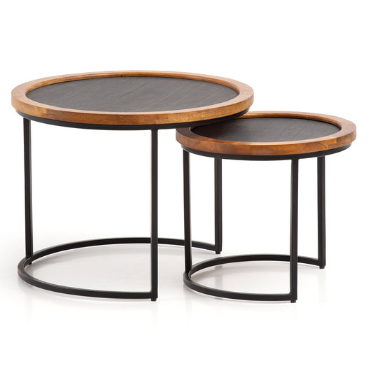 Salontafel Set van 2 Mango Massief Hout / Steenlook Woonkamertafel Rond | Bijzettafel met metalen frame | Salontafel modern | Banktafel nesttafel 2-delig bruin/antraciet