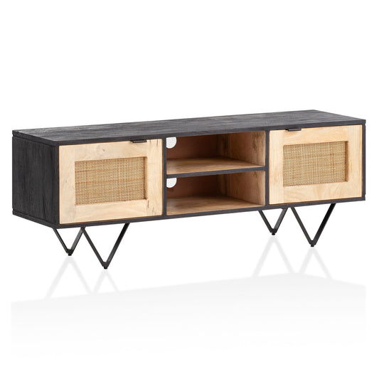 lowboard mango massief hout / rotan 120x44x35 cm TV-ladekast met twee deuren | Design TV-meubel met kabeluitgang | TV-tafel TV-kast modern | TV-dressoir woonkamer