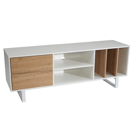 Lowboard wit met eiken decor 150x55x40 cm tv-kast modern, design tv-kast hoog, tv-tafel tv-kast met lades en plank, tv-kast woonkamer