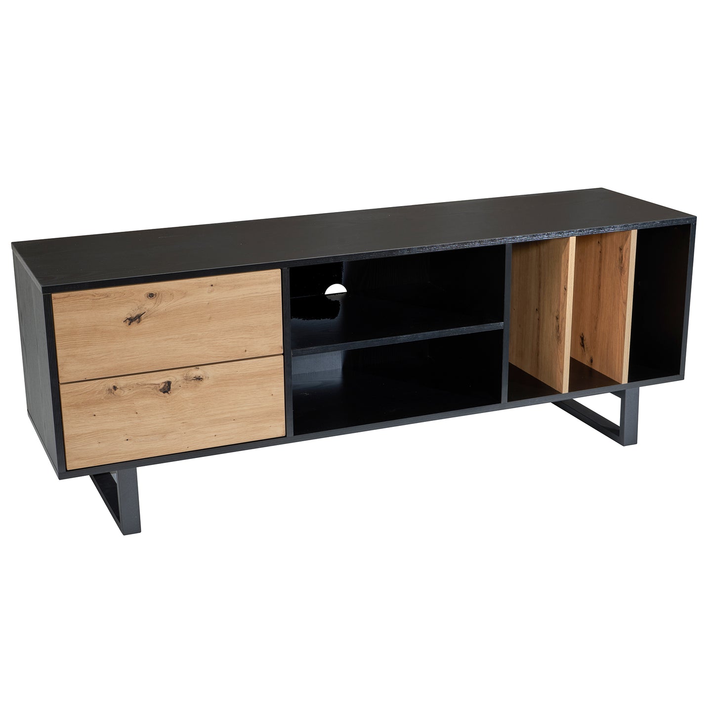 Lowboard zwart met eiken decor 150x55x40 cm tv-kast modern, design tv-kast hoog, tv-tafel tv-kast met lades en plank, tv-kast woonkamer