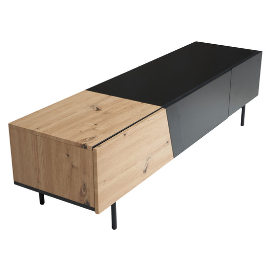 Lowboard zwart met eiken decor 150x40x40 cm tv-kast modern, design tv-kast laag, tv-tafel tv-kast met deuren en lade, tv-kast woonkamer