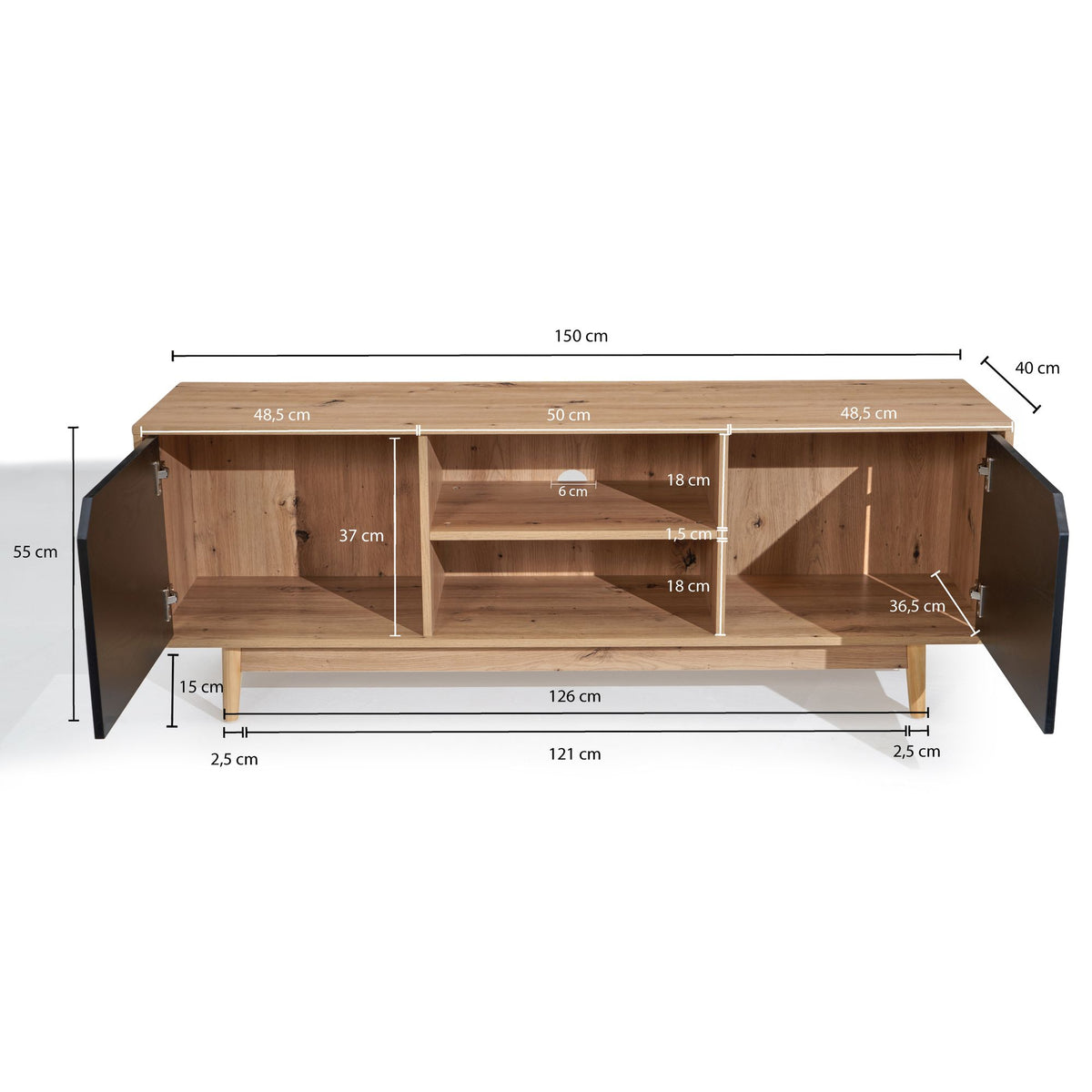 Lowboard eiken decor zwart 150x55x40 cm tv-kast modern, design tv-kast hoog