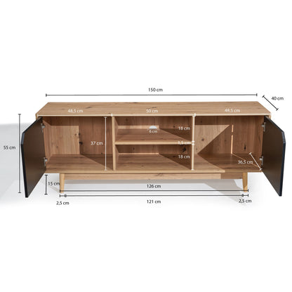 Lowboard eiken decor zwart 150x55x40 cm tv-kast modern, design tv-kast hoog