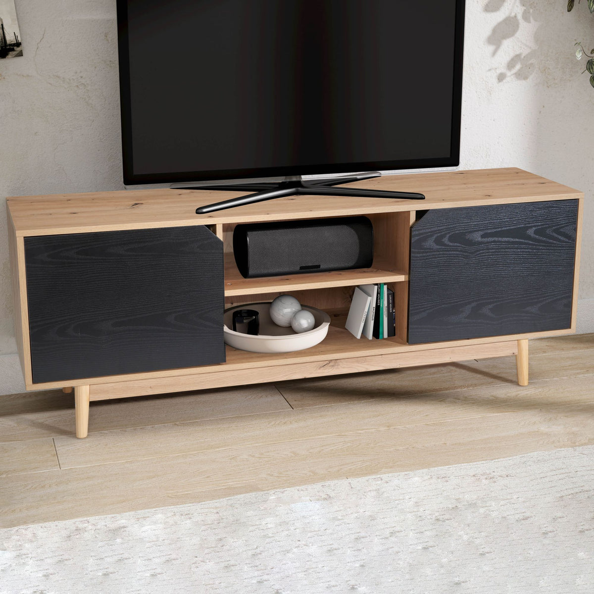 Lowboard eiken decor zwart 150x55x40 cm tv-kast modern, design tv-kast hoog