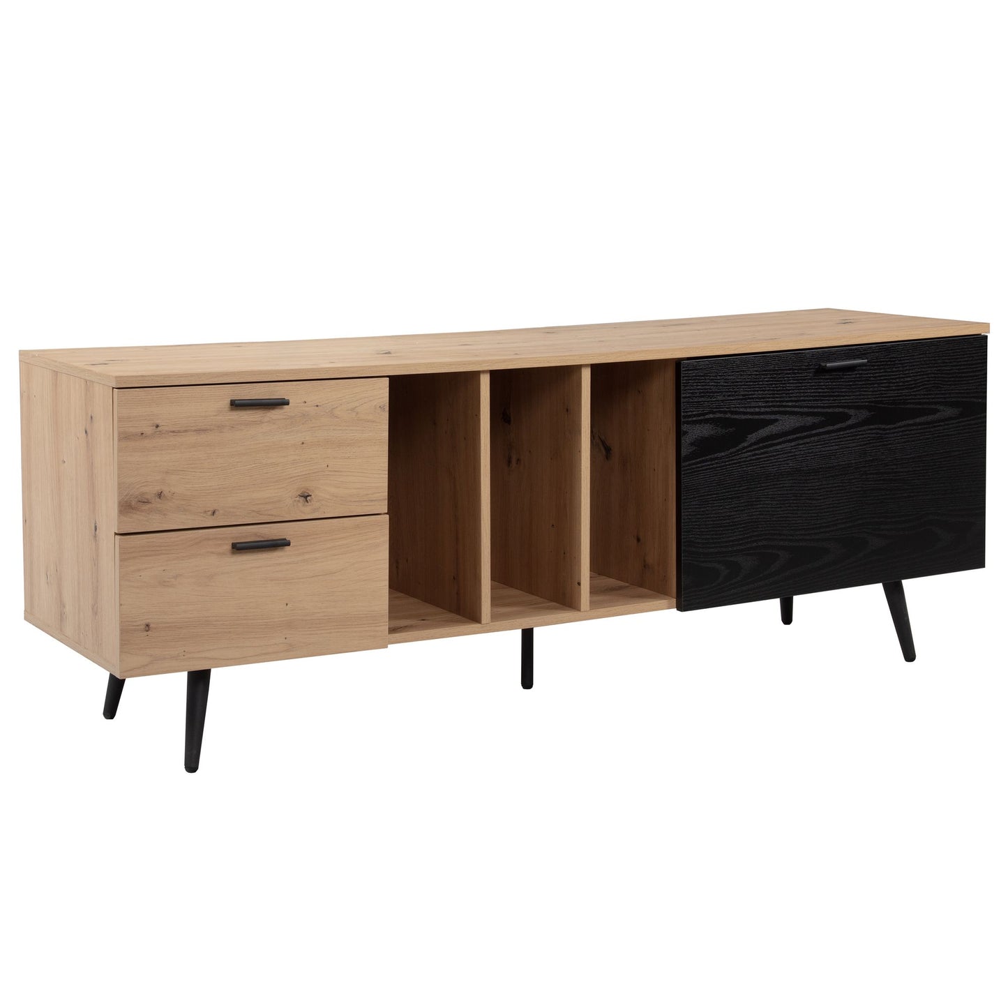 Lowboard eiken decor zwart 150x55x40 cm design tv-kast modern, tv-kast hoog, tv-tafel tv-kast met deur en lades, tv-kast woonkamer modern