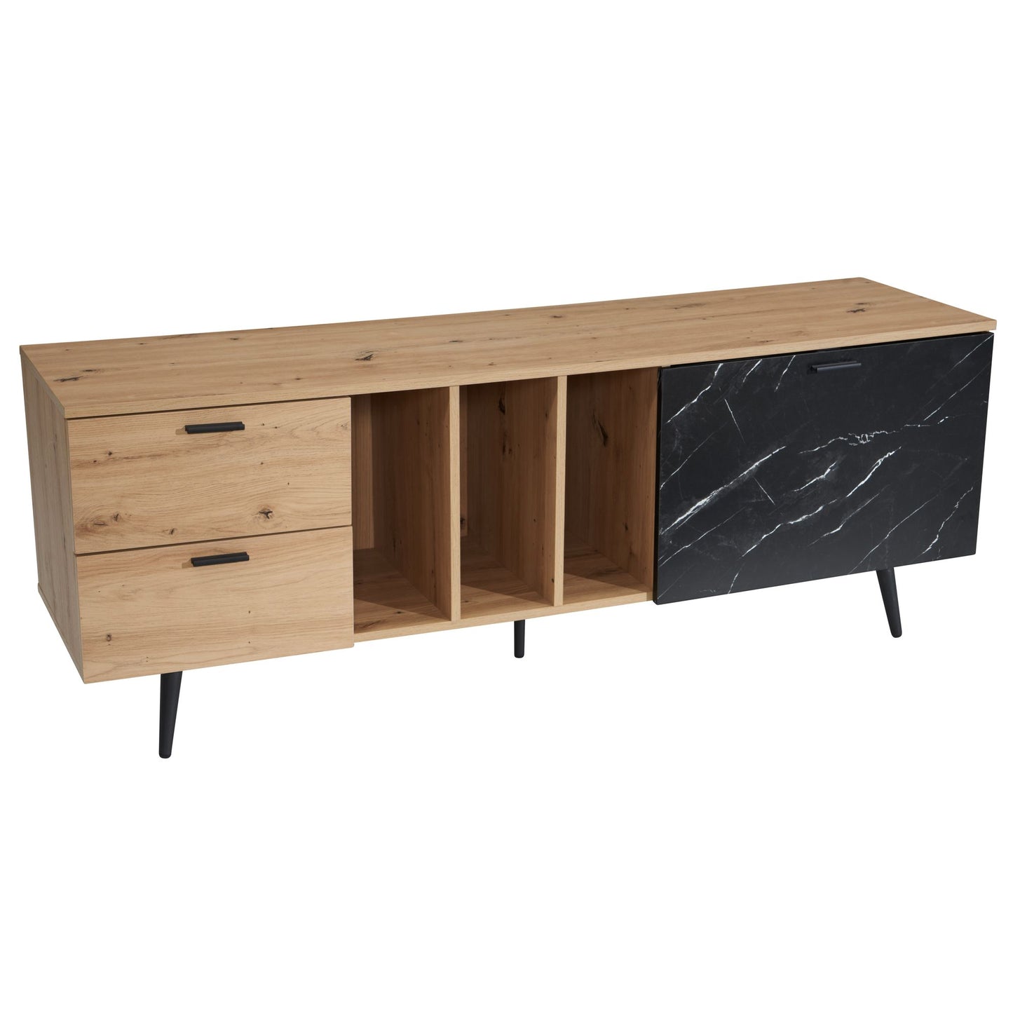 Lowboard eiken decor met marmerlook in zwart 150x55x40 cm TV-kast, design TV-kast hoog modern, TV-tafel TV-kast met deur & lade, TV-kast woonkamer modern