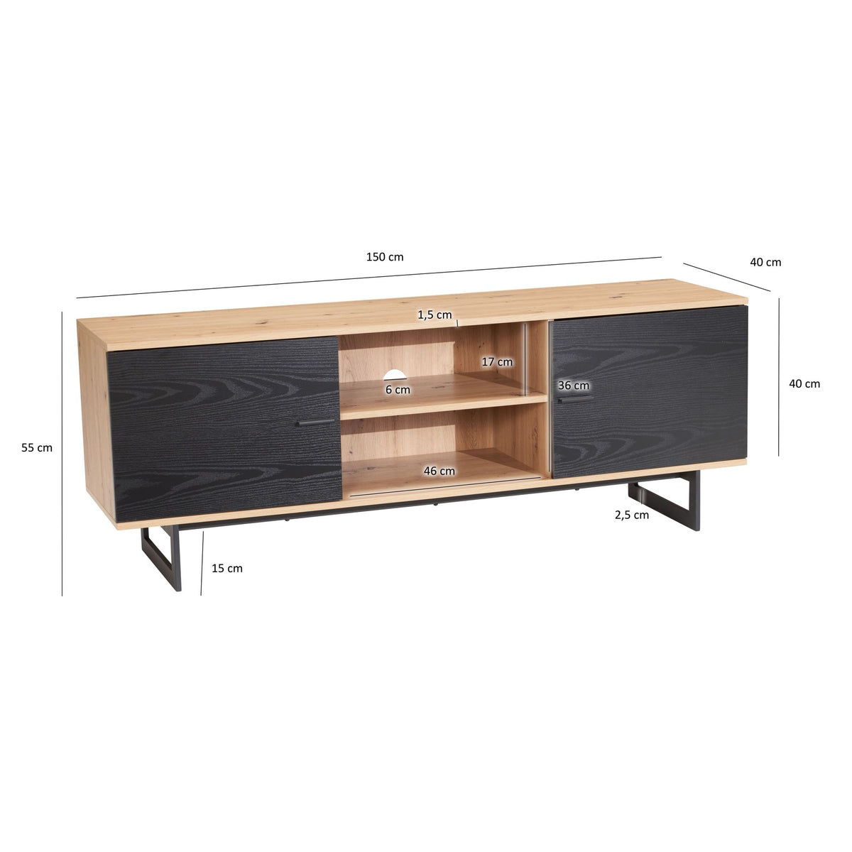 Lowboard Eiken Decor Zwart 150x55x40 cm - Design TV-kast