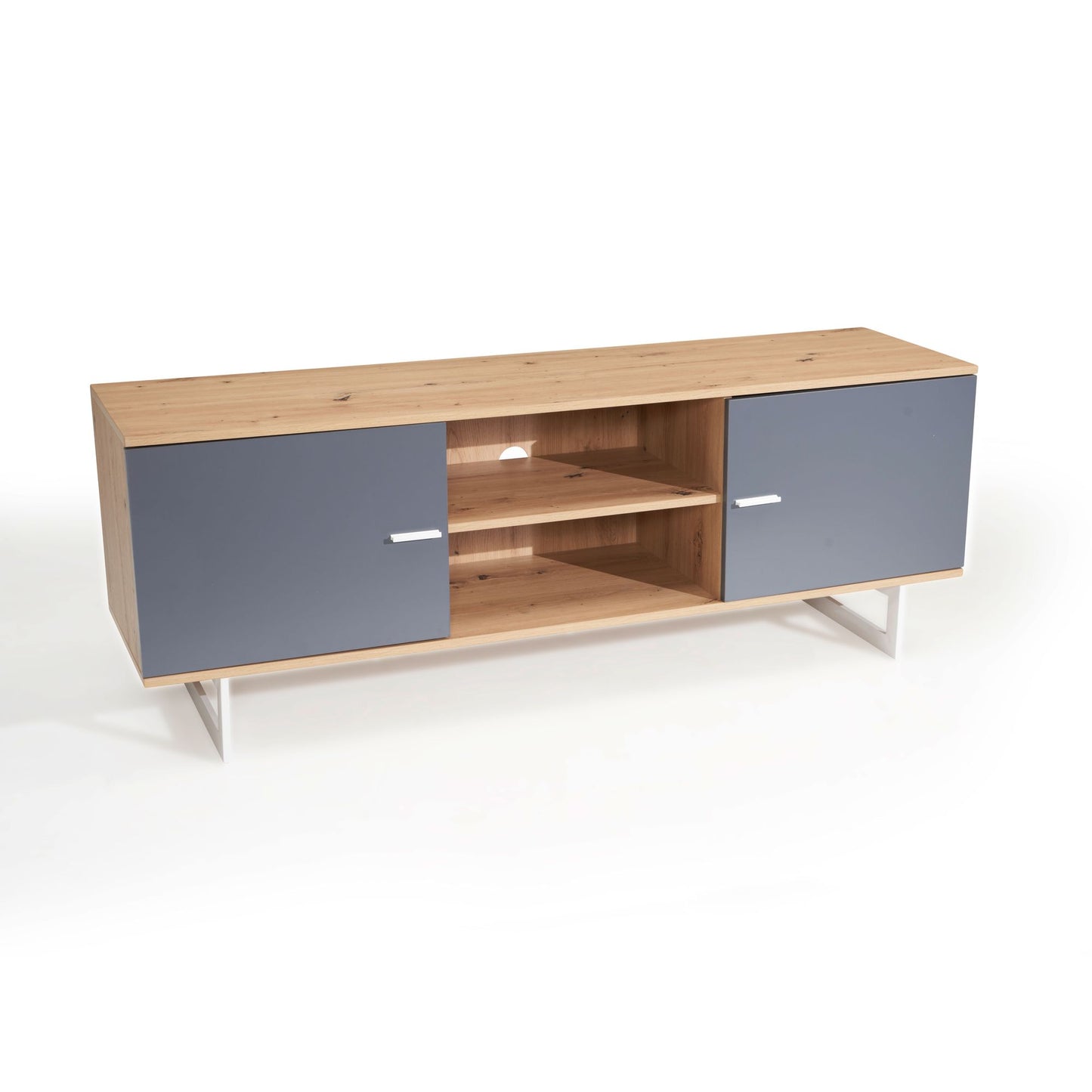 Lowboard eiken decor grijs 150x55x40 cm tv-kast modern, design tv-kast hoog, tv-tafel tv-kast met twee deuren, tv-kast woonkamer
