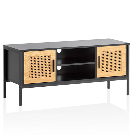 Lowboard Zwart/Eiken met Weens vlechtwerk 110x48x40 cm TV-meubel Tijdloos, design TV-kast hoog, TV-tafel TV-kast met deuren, TV-kast woonkamer rotan