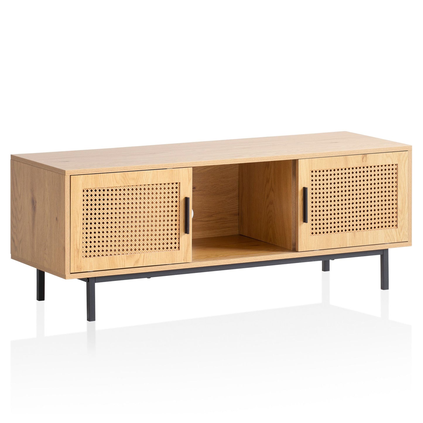 Lowboard eiken decor met Weens vlechtwerk 120x45,5x40 cm TV-meubel tijdloos met schuifdeuren, design TV-kast hoog, TV-tafel TV-kast, TV-kast woonkamer rotan