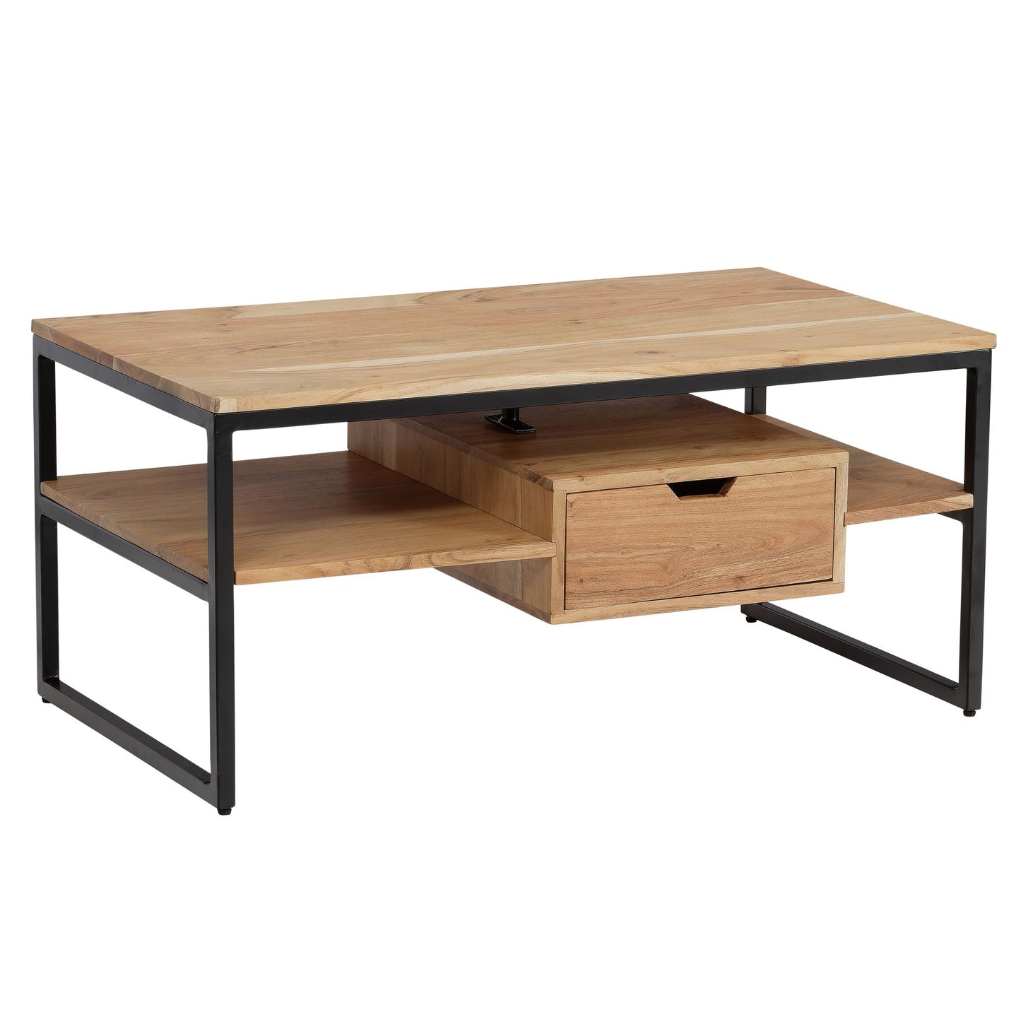 salontafel 90x50x42 cm acacia massief hout metalen salontafel rechthoekig, woonkamertafel salontafel massief met lade, tafel woonkamer moderne opbergruimte