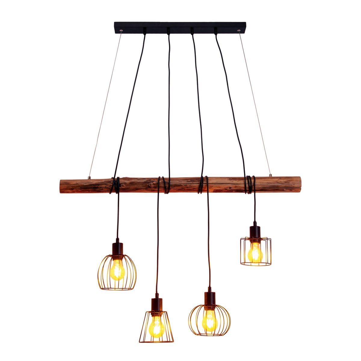 4 hanglamp "Woodland", hanglamp, metaal en hout in zwart en natuurlijke E27 -aansluiting, voor eetkamer, woonkamer, gang of kantoor, 100 cm lang