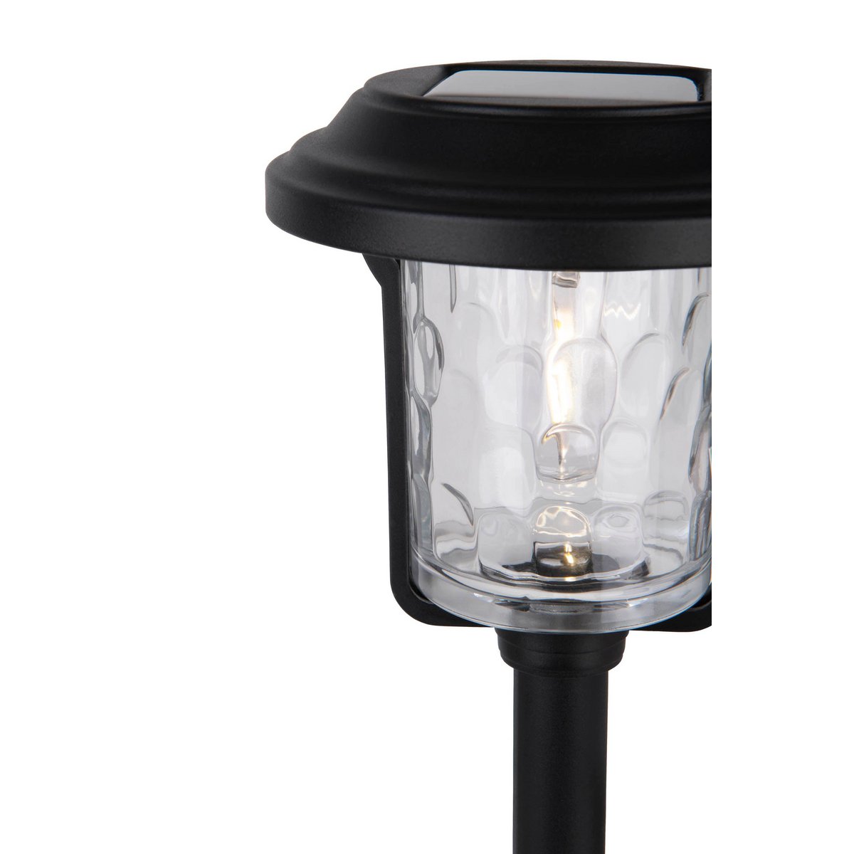 Solar-deco-earth spit "Simon" 54,7 cm hoog, gemaakt van zwart metaal en gestructureerd glas, geïntegreerde LED, warm wit.