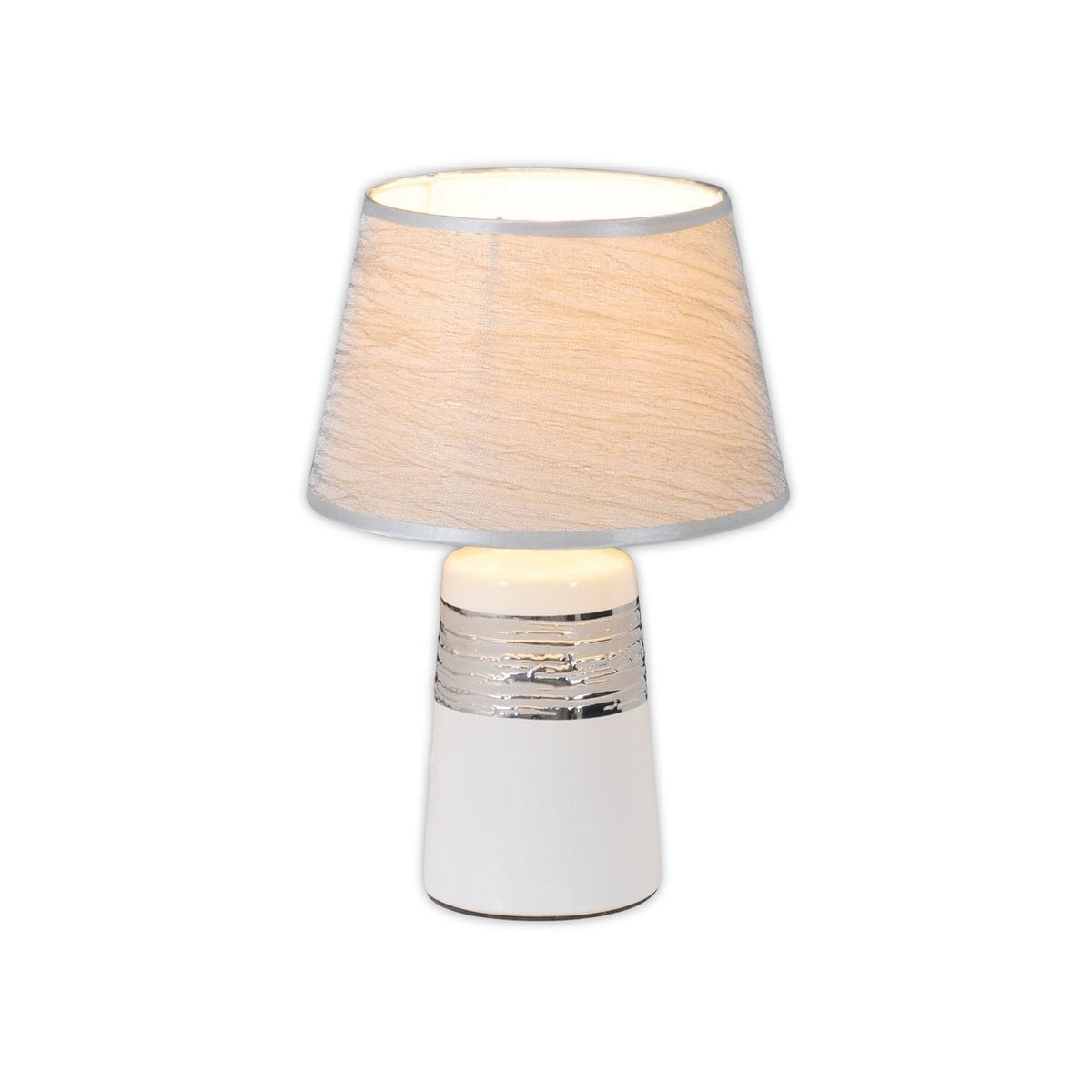 Keramische tafellamp "Vittoria" 31 cm hoog, Ø 20 cm, gemaakt van keramiek, metaal en stof gemaakt van polyester, wit en zilver