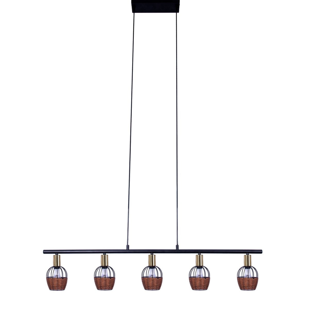 5 hanglamp "Corbis", echtelijke lamp gemaakt van zwart in zwart, met goud en rotan, met E14 -aansluiting, voor eetkamer, woonkamer, gang of kantoor, 100 cm lang