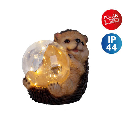 LED Solar Lamp "Hedgehog" voor terras en tuin, gemaakt van bruin plastic, met stevig ingebouwde LED's, decoratielamp voor buiten 17 x 14.