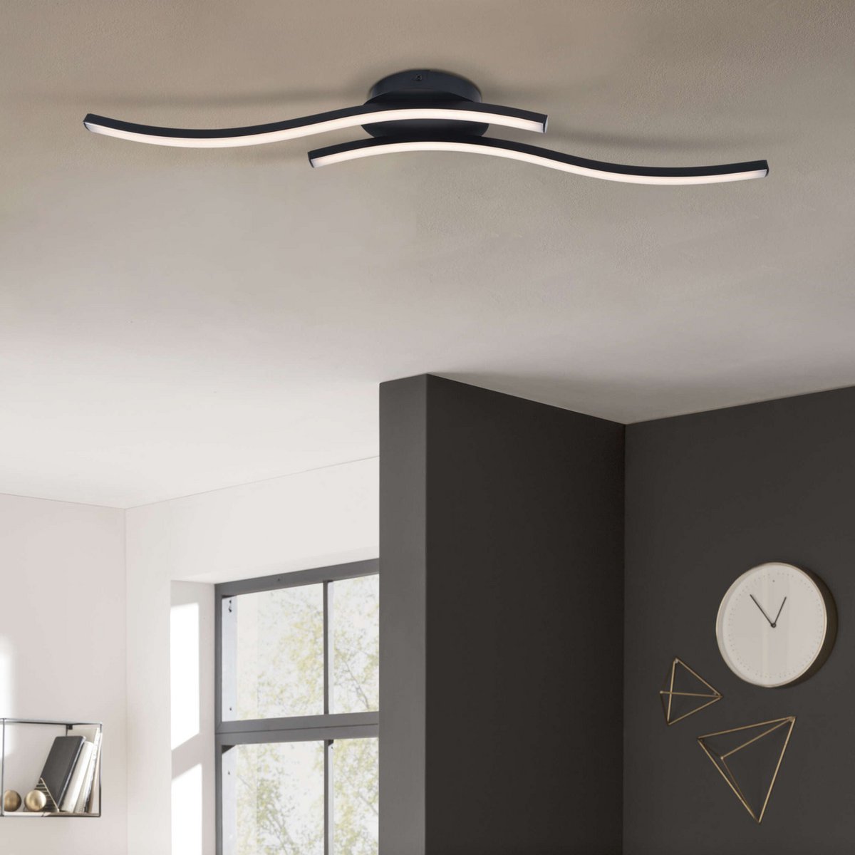LED-wand/plafondlamp "Onda", plafondlamp gemaakt van metaal en plastic in zwart, met stevig ingebouwde LED's, verlichting voor woonkamer, eetkamer of kantoor 65 cm lang
