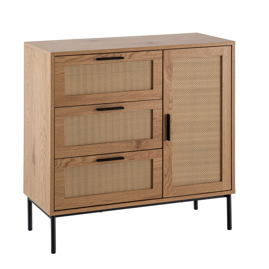 ladekast 80x82x36 cm hal ladekast eiken decor & rotan, dressoir met drie laden en deur, ladekast modern, staande kast dressoir ladekast